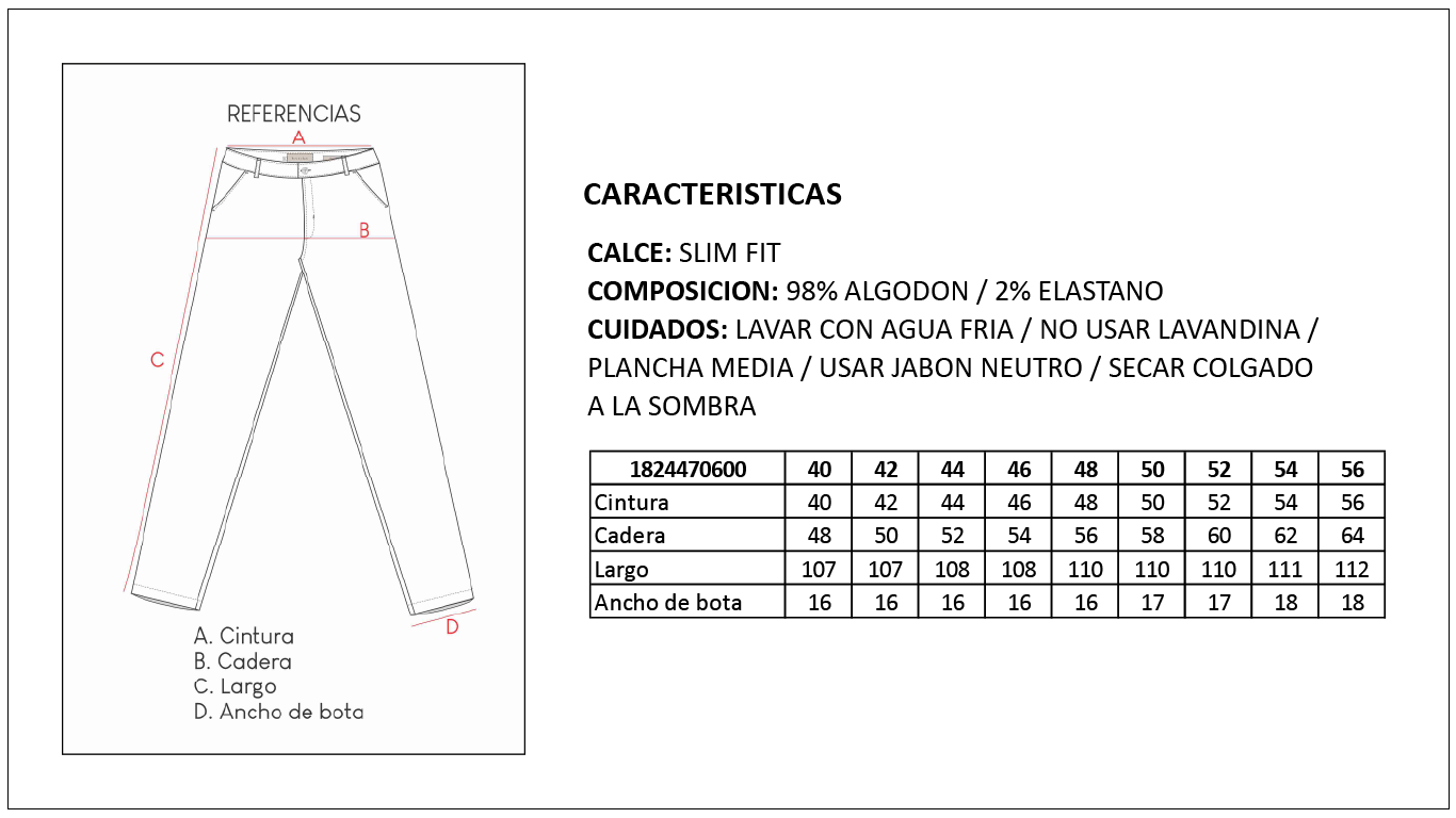 Tabla de Talles Pantal&oacute;n Chino Slim Hombre Britches
